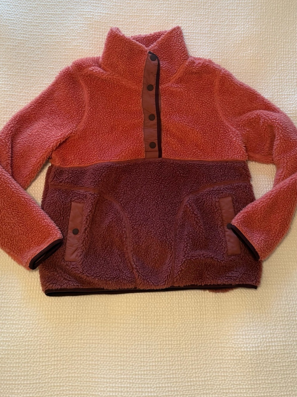 L.L.Bean Rose & Plum Sherpa Snap Pullover | Colorblock Fleece | Size = L